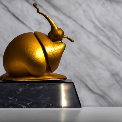 Image similar to golden snail award trophy on top of a marble pillar, white background, soft lighting