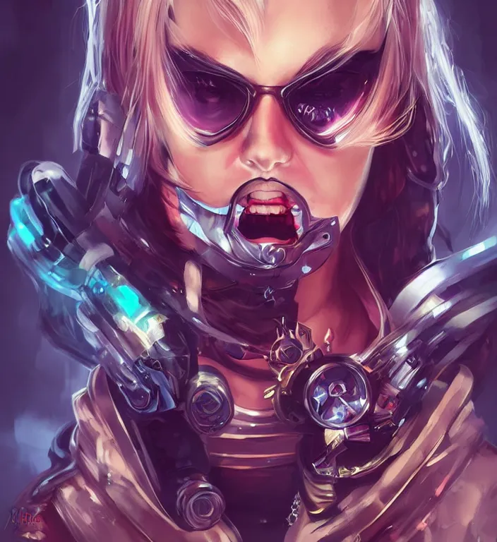 Image similar to a portrait of a space pirate with neon teeth, retro, steampunk, smooth, sharp focus, concept art by artgerm