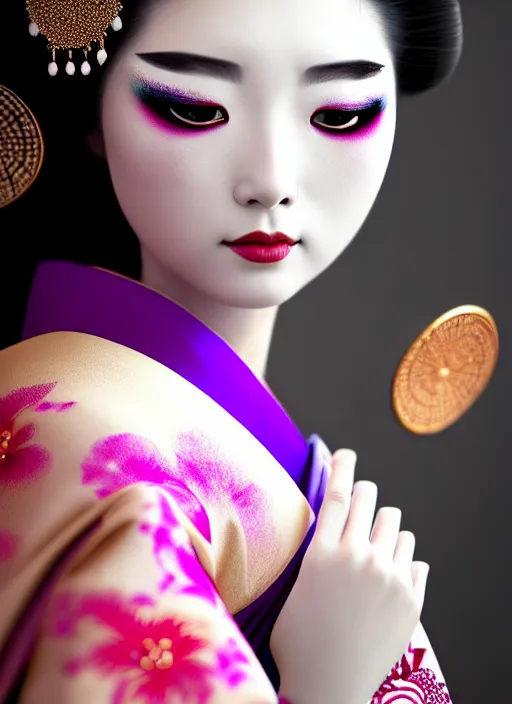 Prompt: Geisha photo portrait, beautiful makeup, pearlescent skin, elegant pose, highly detailed kimono, photorealism, artstation, different point of view, sharp focus, photorealistic, soft diffuse lights, canon 5D 50 mm lens, zen natural background, def of field