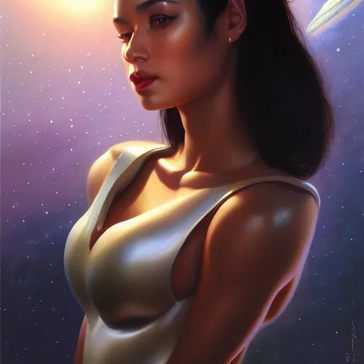 Image similar to a portrait of a very beautiful woman in a spacesuit, Alexandria's genesis, shoulder-length black hair, bored, illustration, soft lighting, soft details, painting oil on canvas by mark arian by artgerm, trending on artstation, 4k, 8k, HD