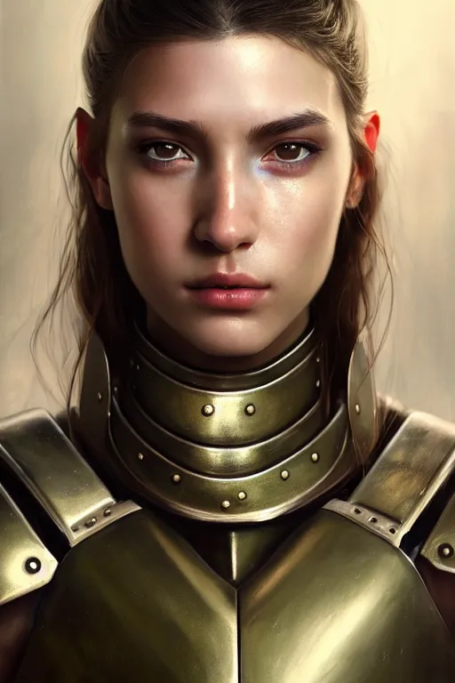 Image similar to a photorealistic painting of an attractive young girl, partially clothed in metal-plated battle armor, olive skin, long dark hair, beautiful bone structure, symmetrical face, perfect eyes, intricate, elegant, digital painting, concept art, illustration, sharp focus, minimal artifacts, from Metal Gear, in the style of Ruan Jia and Mandy Jurgens and Greg Rutkowski, trending on Artstation, award winning