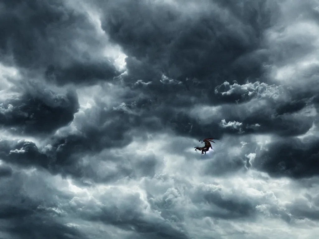 Prompt: epic cinematic shot of dragon flying through stormy clouds in the style of Game of Thrones