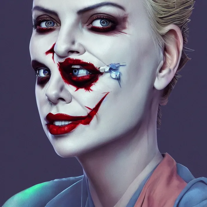 Image similar to portrait of charlize theron as a nurse joker. intricate abstract. intricate artwork. by tooth wu, wlop, beeple, dan mumford. octane render, trending on artstation, greg rutkowski very coherent symmetrical artwork. cinematic, hyper realism, high detail, octane render, 8 k, iridescent accents