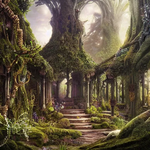 Image similar to a beautiful and highly detailed matte painting of an elven temple magical fantasy garden in a lush forest, intricate details, epic scale, insanely complex, 8 k, sharp focus, hyperrealism, by caspar friedrich and brian froud,