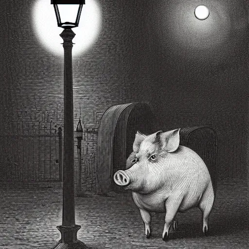 Image similar to a pig in a tuxedo, street lamp, illustration by Gustave Doré, high detail, eerie, street lamp, barn, creepy, dark, night, misty, moon, chiaroscuro, film noir