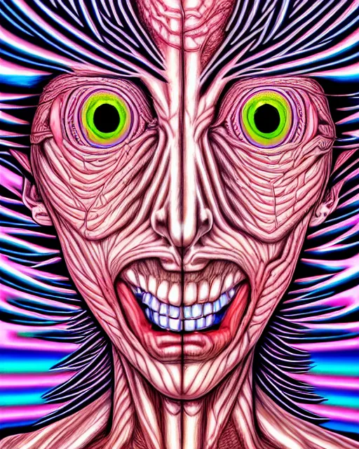 Image similar to human body breaking away, conjuring psychedelic image, part by shintaro kago, part by alex gray, ultra realistic, highly detailed, 8 k, trending on artstation, masterpiece, epic, symmetry