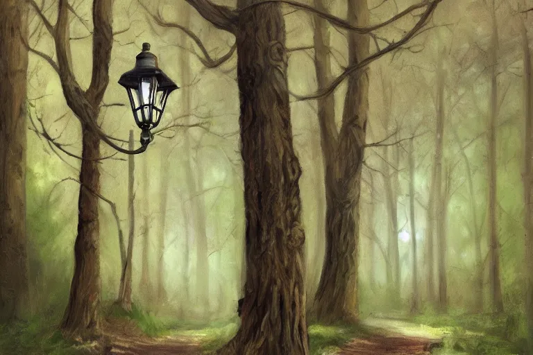 Image similar to vintage iron lamp post in the forest in the spring. Cinematic, dark, hiking trail. Intricately detailed oil painting