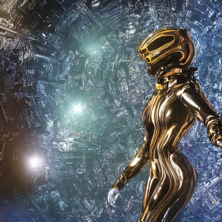 Prompt: octane render by wayne barlow and carlo crivelli and glenn fabry, a woman in a skintight shiny black spacesuit with intricate iridescent metal detailing, covered in bright colorful alien flora and fauna inside a massive cavernous metal dome, cinema 4 d, ray traced lighting, ultra - detailed, volumetric lighting, very short depth of field, bokeh