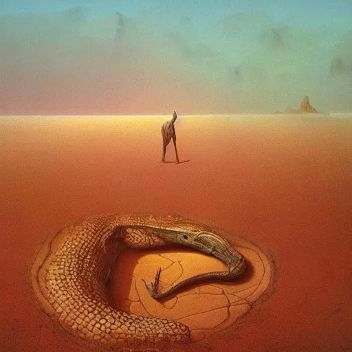 Prompt: painting of giant undiscovered prehistoric reptilian creature in the deserts of australia, apoda, by zdzislaw beksinski, gothic, amazing details, volumetric lighting, 8 k, cold hue's, warm tone gradient background