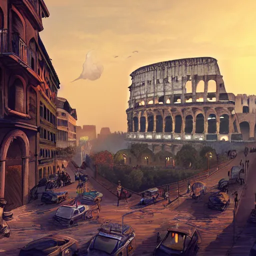 Prompt: bustling d & d city with a distant colosseum, first person street view, artstation