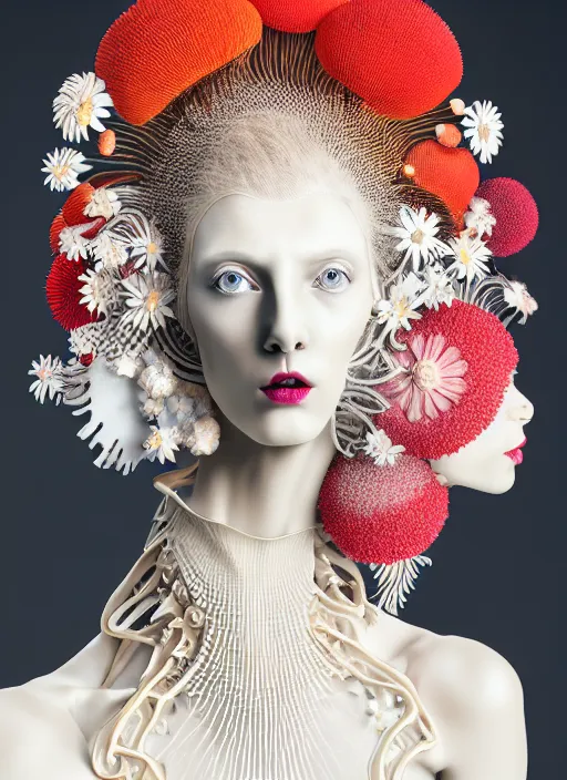 Prompt: biomechanical beautiful woman portrait with a smooth carved porcelain ivory profile face, elegant haute couture, iris van herpin, headdress with daisies, colorful puffballs, mushrooms, rhizomorphs, brackets, sponge corals, laser cut paper mesh, red plump lips, hyper detailed, ultra sharp, soft light, 8 k, uhd