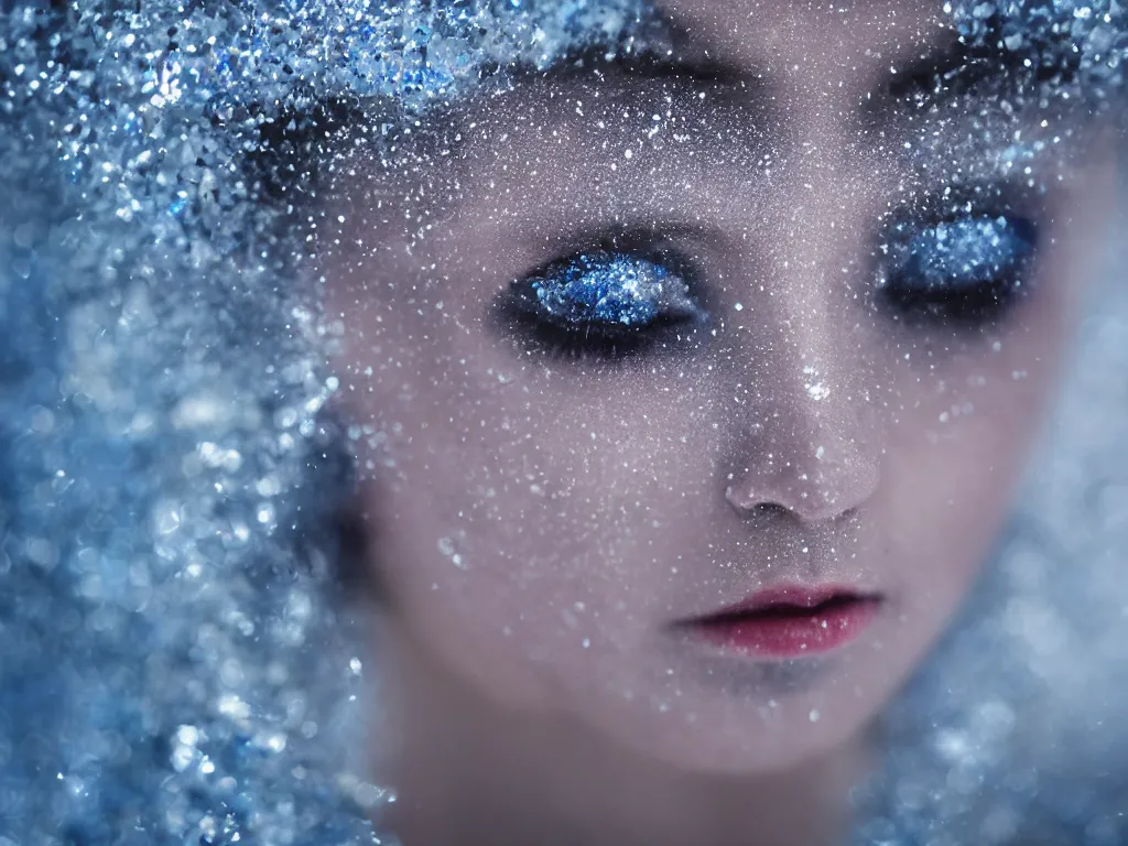 Prompt: the piercing blue eyed stare of yuki onna, freezing blue skin glinting and glittering, blizzard in the mountains, bokeh, asymmetric, rule of thirds