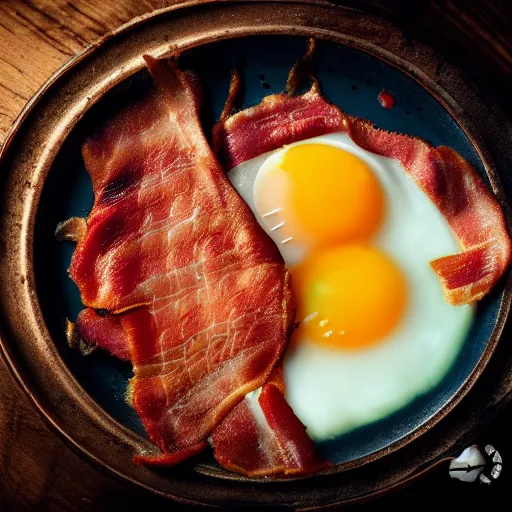 Image similar to cyberpunk bacon and eggs in pan, closeup, close angle, dramatic lighting