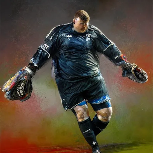 Image similar to A realistic hyperdetailed multi-colored digital oil full body portrait painting of a morbidly obese goal keeper saving a penalty, in the style of Guy Denning, Ruan Jia, and Craig Mullins. Trending on ArtStation and DeviantArt. CGSociety Digital art.
