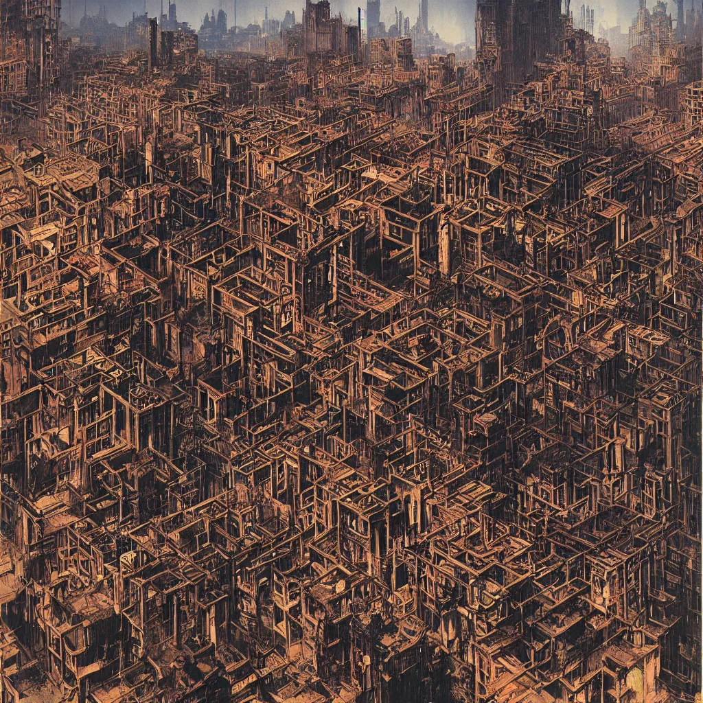 Image similar to gothic kowloon walled city by syd mead