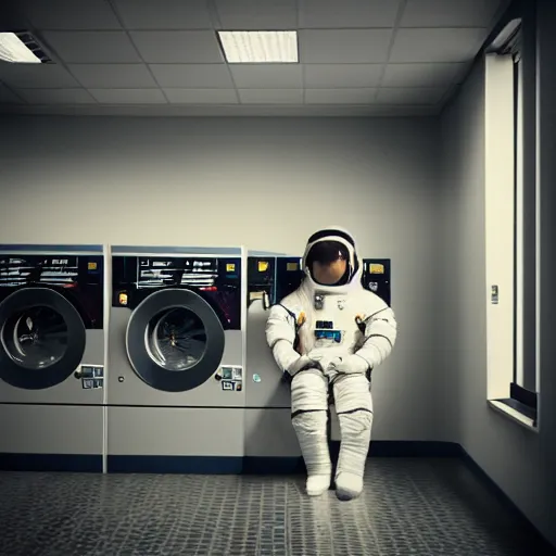 Image similar to a beautiful photo of an astronaut waiting in a laundromat, soft light, morning light, depth of field, photorealistic, realistic, octane, 8k, cinematic shot