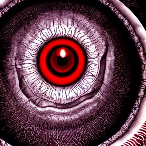 Image similar to a detailed extremely close up of inside the iris, cornea, red image, microscopic, extremely close up drawing by junji ito, cgsociety, generative art, lovecraftian, parallax, cosmic horror, extremely detailed, hyperrealism, unreal engine, octane render, award winning, masterpiece, highly detailed, realistic, 4 k, digital