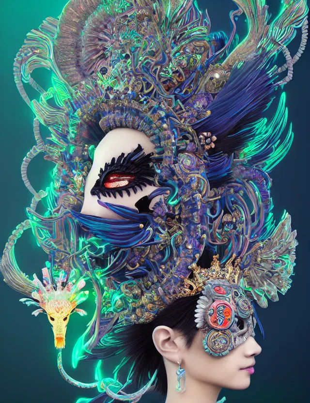 Image similar to 3 d goddess close - up profile portrait with crown, ram skull. beautiful intricately detailed neon japanese crow kitsune mask and clasical japanese kimono. betta fish, jellyfish phoenix, bio luminescent, plasma, ice, water, wind, creature, artwork by tooth wu and wlop and beeple and greg rutkowski