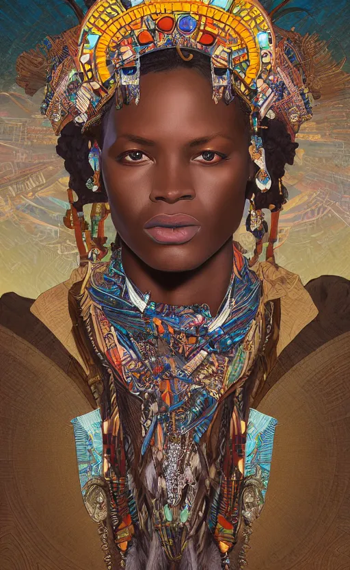 Prompt: upper half portrait of retro futuristic african tribal chief - embellished with vegetation and iridescent crystals art by joseph christian leyendecker, design blocking by alphonso mucha and drew struzan, highly detailed, digital painting, airbrush, concept art, illustration, smooth sharp focus, intricate, symmetry,