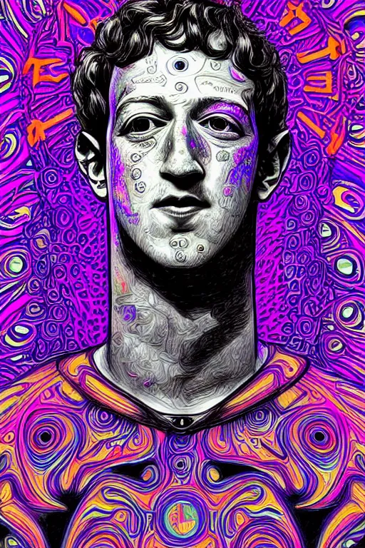 Prompt: beautifully detailed, psychedelic, mystical lsd portrait of mark zuckerberg's inner being, clockwork, technical inner being, pen, ink, copic marker