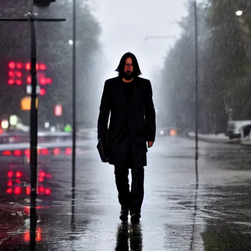 Image similar to keanu reeves walking in the rain on a reflective city street near a red flashing street light, highly detailed face and reflections misty dark