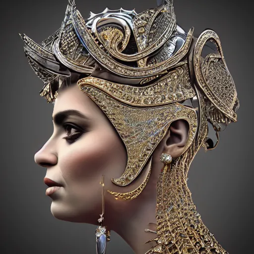 Prompt: queen of metal profile, 4 k, ornate and intricate, jaw dropping, surreal, octane render