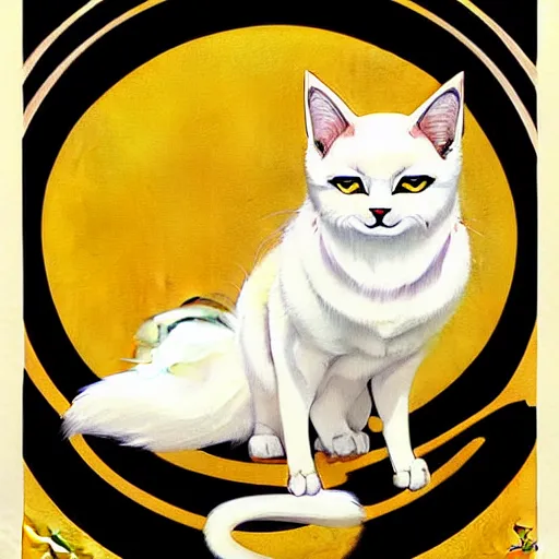 Prompt: painting of a cute white ( okami style ) ( ( kitsune ) ) cat zen master with yellow patterns, plain white background, no people, art by jc leyendecker, phil hale, angular, brush strokes, painterly, crisp, portrait of a cat, cat portrait painting