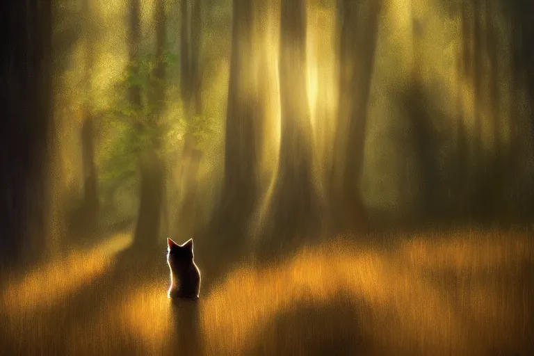 Prompt: a forest with a cat, trending on artstation, by wayne mcloughlin, backlighting, portrait