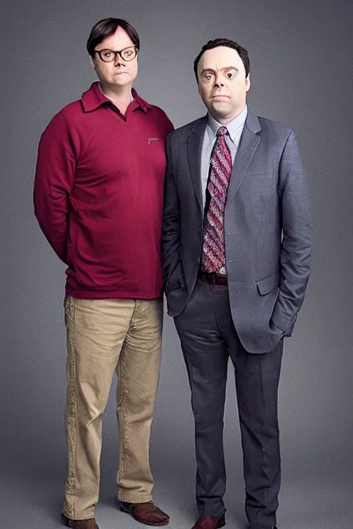 Prompt: portrait photo of dwight schrute and joe lo truglio