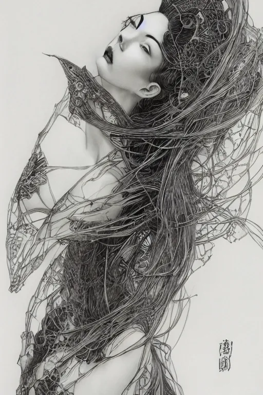 Prompt: Portrait of Chrysta Bell, pen and ink, intricate line drawings, by Yoshitaka Amano, Ruan Jia, Kentaro Miura, Artgerm
