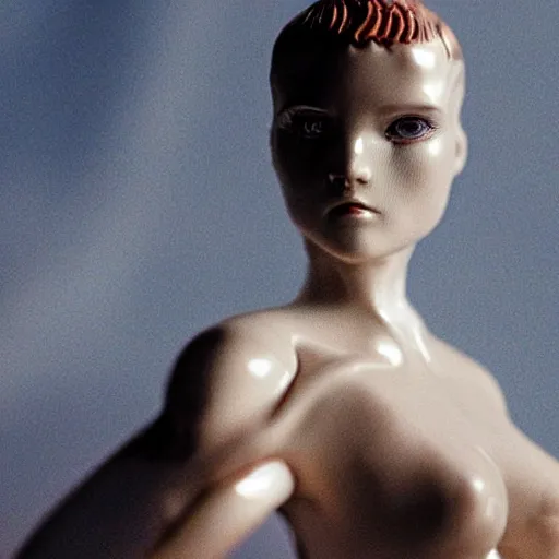 Image similar to beautiful extreme closeup portrait photo in style of 1 9 9 0 s frontiers in miniature porcelain retrofuturism deep diving helmet fashion magazine blade runner seinen manga edition, real - life art nouvceau porcelain figurine, highly detailed, eye contact, pointe pose, soft lighting