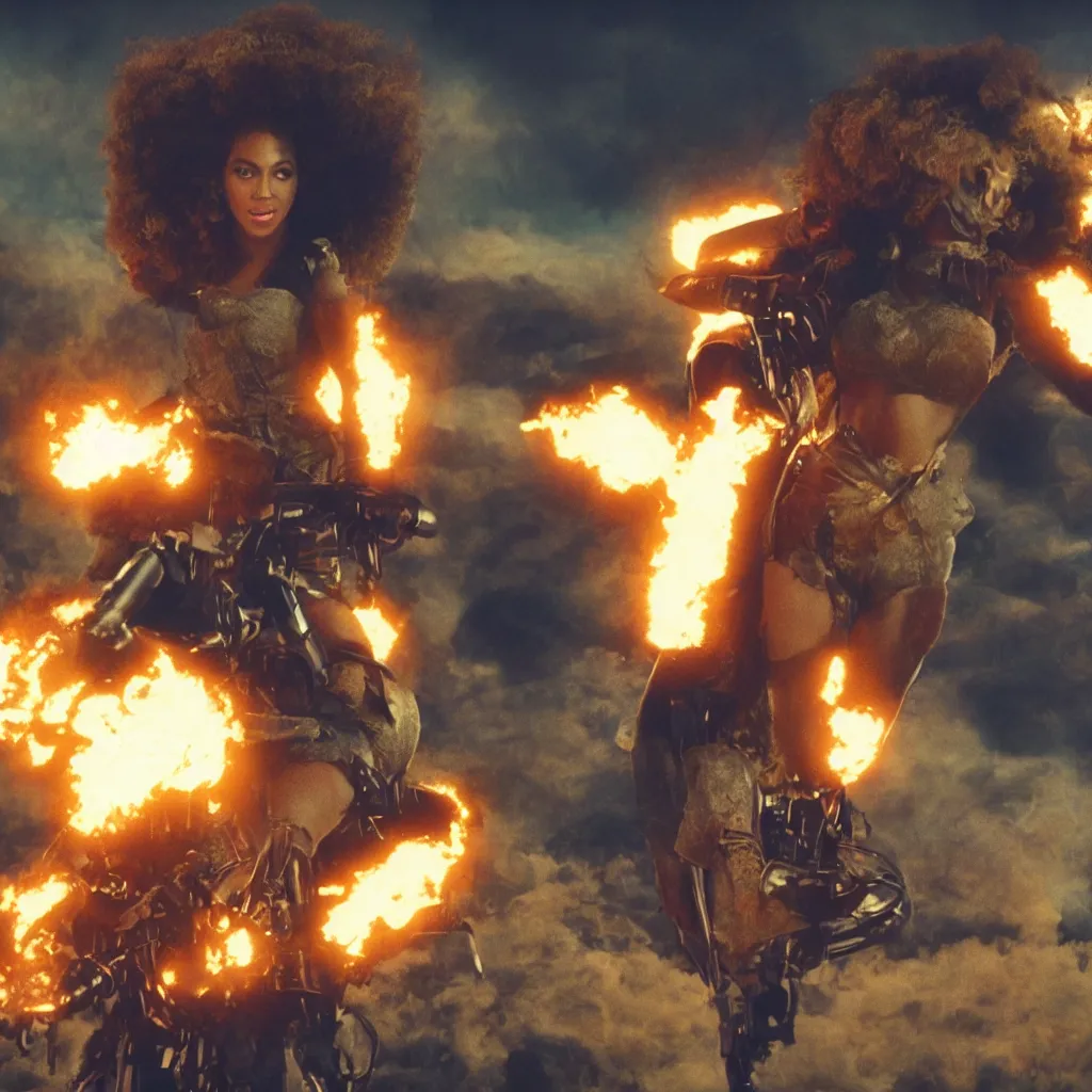 Image similar to beyonce with a afro hair style riding a hellfire missile, cinematic framing, cinematic lighting, hdr, gritty, movie still, 4k, 70s psychedelic style