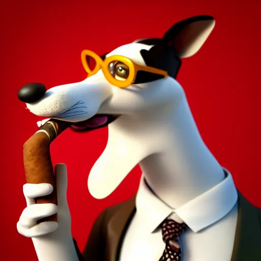 Prompt: anthropomorphic buisnessman greyhound with a large cigar in its mouth, wearing a suit, wearing round glasses and a bowler hat, white brown fur, anthropomorphic greyhound, detailed, 3 d render, 4 k, pixar