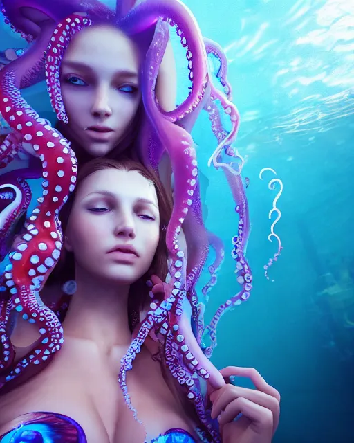 Prompt: a beautiful girl underwater wearing an octopus dress surrounded by glowing jellyfish, 8 k realistic, hyperdetailed, beautiful lighting, detailed background, depth of field, symmetrical face, frostbite 3 engine, cryengine