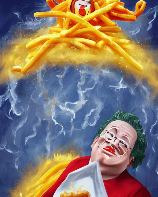 Prompt: ronald mcdonald as an angel ascending into the gates of heaven, french fries wings, onion ring halo, sunbeams, milkshake clouds, digital painting