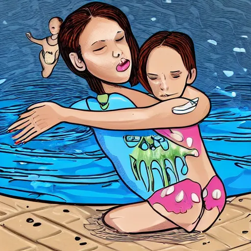Prompt: a woman is giving her daughter a hug in a swimming pool, nearby a girl is crying and distraught in the water, under the water is a skeleton sitting on a chair