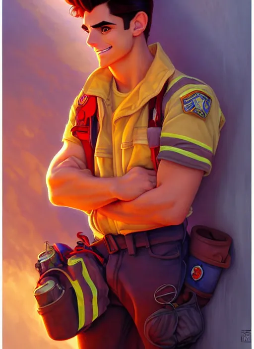 Prompt: cute chris mears firefighter, natural lighting, path traced, highly detailed, high quality, digital painting, by don bluth and ross tran and studio ghibli and alphonse mucha, artgerm