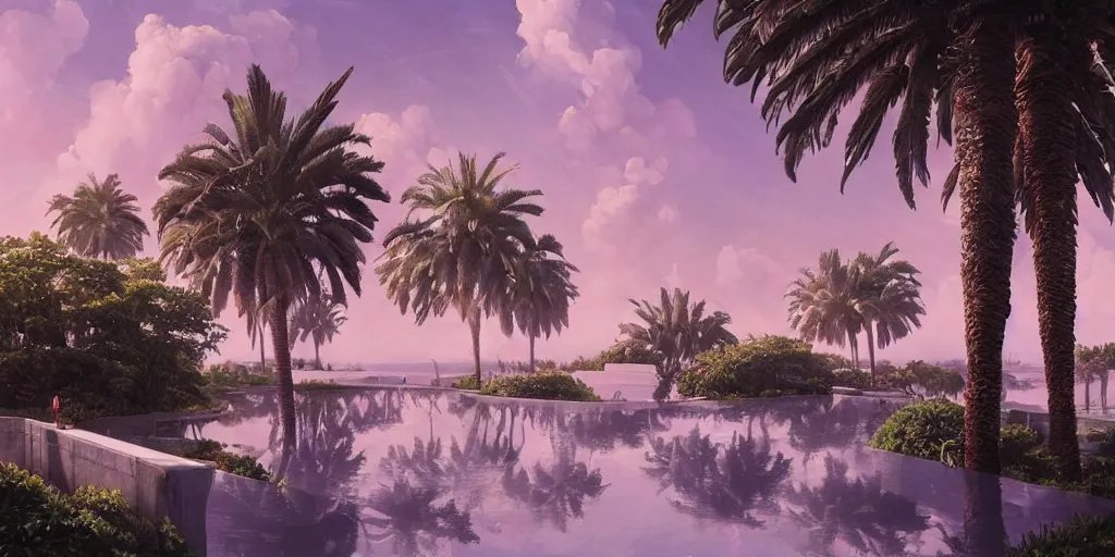 Image similar to artgem and greg rutkowski masterpiece, hyperrealistic surrealism, award winning masterpiece with incredible details, epic stunning, infinity pool, a surreal vaporwave liminal space, highly detailed, trending on ArtStation, calming, meditative, pink arches, palm trees, very vaporwave, very very surreal, sharp details, dreamscape, gigantic alien mirror structure