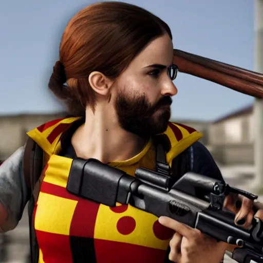 Image similar to Emma Watson a dressed as Catalan Terrorist in CSGO ,hyperrealistic, 8k UHD, studio photography, high quality, high detail, stunning lighting