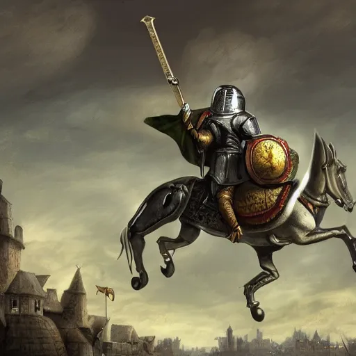 Prompt: Medieval knight with his sword drawn riding on top of a huge snail in a medieval city, wide shot, detailed, 4K, digital art, cinematic lighting, dynamic lighting, ambient lighting, award winning art
