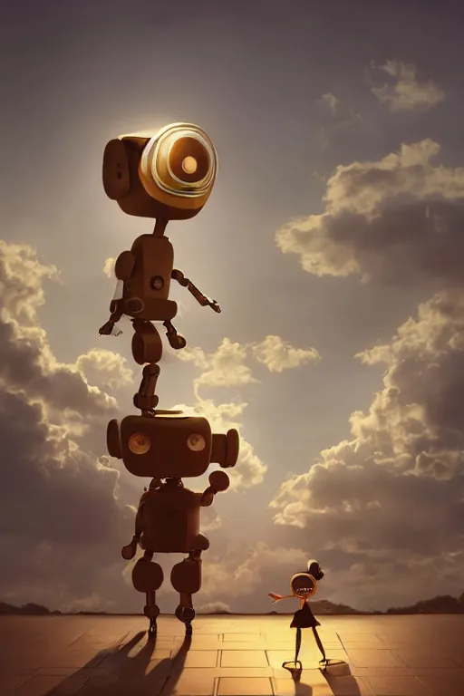 Prompt: Little girl with a bow holding her brother-robot's hand looking up to the gigantic robot's memorial whose head is almost hidden in the clouds. Golden hour. Sci-fi 4K digital 3D paint. Trending on ArtStation. Concept art. Award-winning.