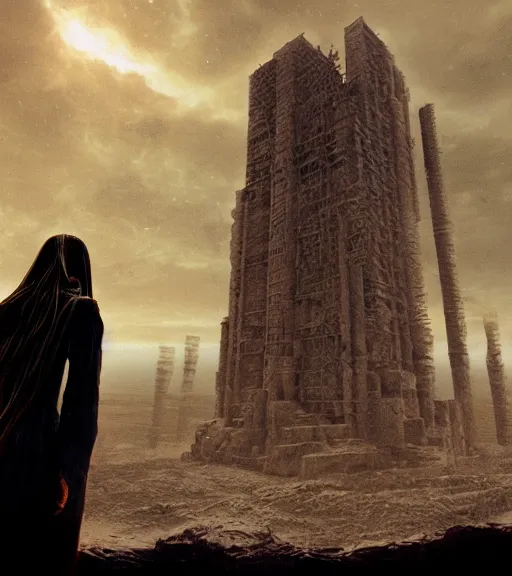 Image similar to tarkovsky greatest scene stalker movie, ethereal ancient destroyed majestic tower of babylon, woman in a futuristic cyber clothing, transparent puffer jacket, hyperrealistic, blockchain, cyber world, ambient lighting, concept art, intricate sky, hyper - detailed, smooth, dynamic volumetric lighting, octane, ray tracing, cinematic, high quality, cgsociety