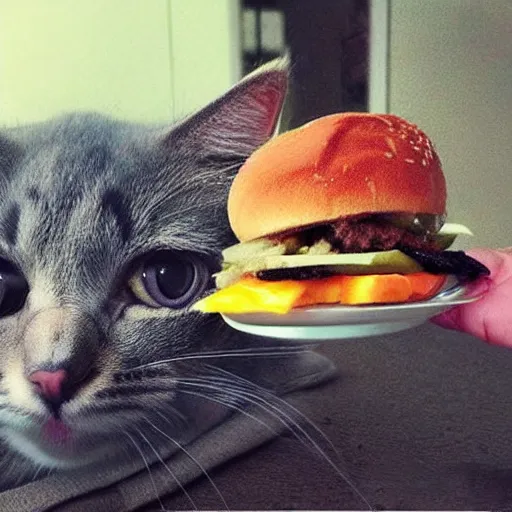 Prompt: realistic photo of a cute cat eating a burger