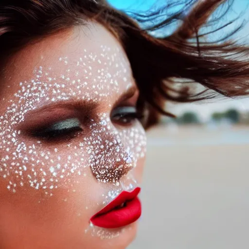 Image similar to close up portrait photo of the left side of the face of a brunette woman with stars inside her eyes, red lipstick and freckles. she looks directly at the camera. Slightly open mouth, face covers half of the frame, with a park visible in the background. 135mm nikon. Intricate. Very detailed 8k. Sharp. Cinematic post-processing. Award winning photography