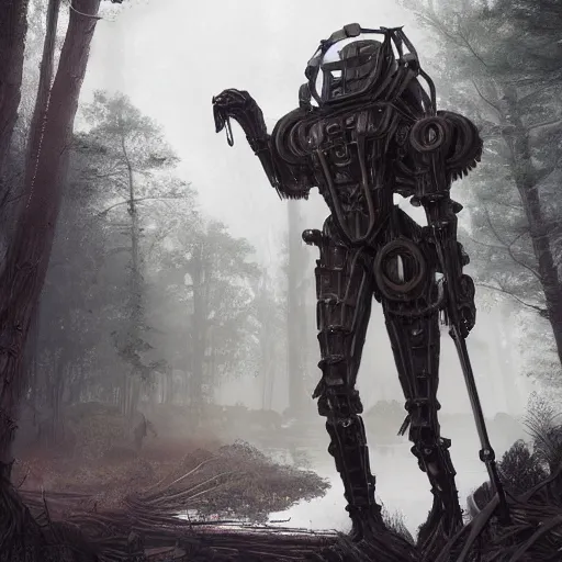 Image similar to Huntsman in combat dieselpunk giant walker exoskeleton with wooden details walks between the mystical foggy swamp. Style as if Dan Mumford and Tsutomu Nihei make game in Unreal Engine, photorealism, colorful, finalRender iridescent fantasy concept art 8k resolution concept art ink drawing volumetric lighting bioluminescence, plasma, neon, brimming with energy, electricity, power, Colorful Sci-Fi Steampunk Biological Living, cel-shaded, depth, particles, lots of reflective surfaces, subsurface scattering