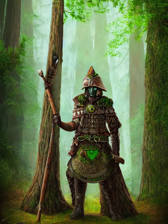 Prompt: full portrait of a warrior, tree bark armor, big wooden club, green cloak, filled with a redwood forest, solarpunk, highly detailed, matte painting, by midjourney