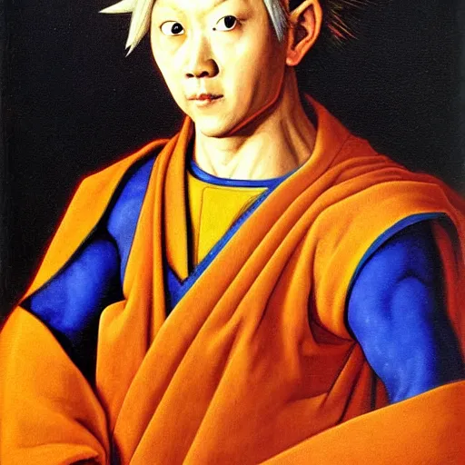 Prompt: portrait of a goku, painting by Jan van Eyck,