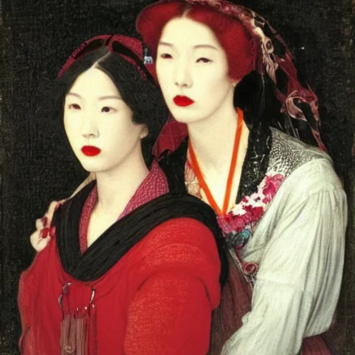 Prompt: Woman holding another woman, arm around her neck, she is Korean, the other black, both have red lips, wearing a veil, Pre-Raphaelite style