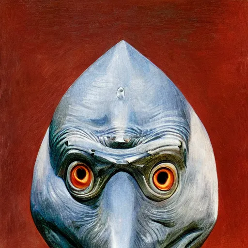 Prompt: intricate five star shark head facial portrait by pablo picasso, oil on canvas, hdr, high detail, photo realistic, hyperrealism, matte finish, high contrast, 3 d depth, centered, masterpiece, award - winning, vivid and vibrant colors, enhance light effect, enhanced eye detail, artstationhd