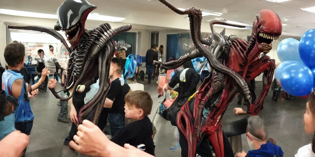 Image similar to a xenomorph from Alien having fun at a kid's birthday party